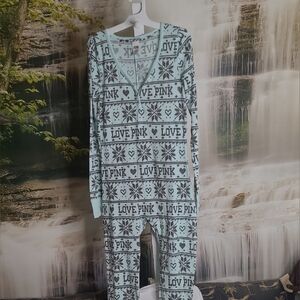 Victoria Secret Womens Large mint green gray footless onesie thermal pajamas